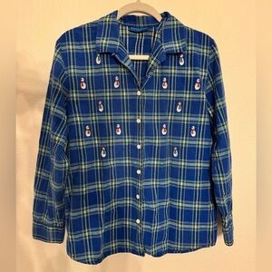 Karen Scott | Plaid Blue Cotton Button Up with Snowman Size LG